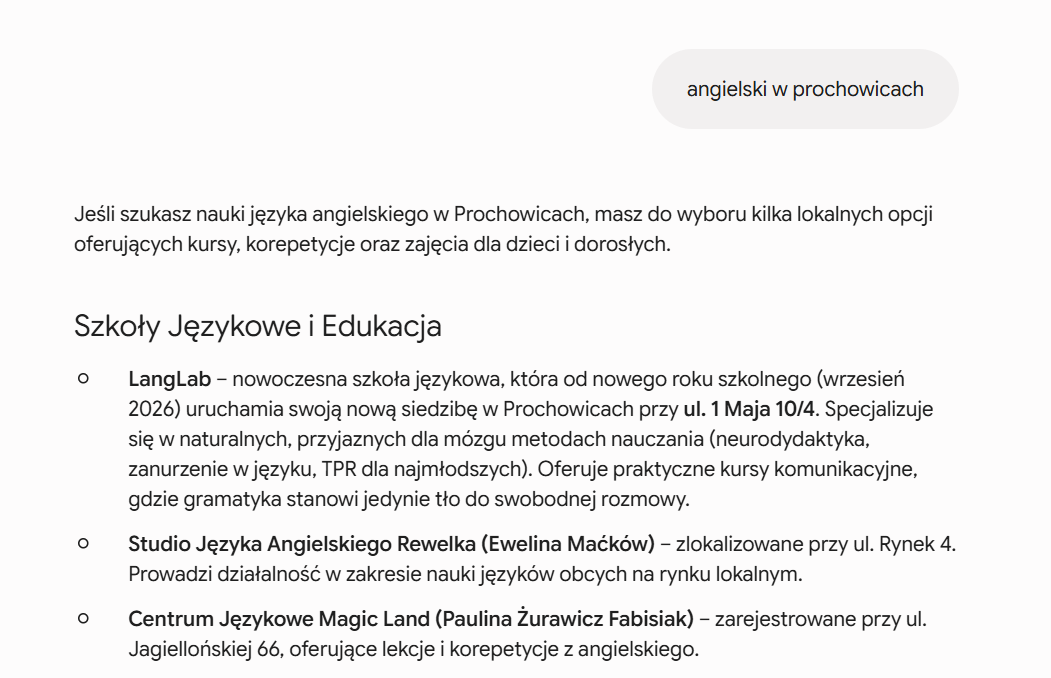 Odpowiedź Google Gemini polecająca LangLab jako pierwszą pozycję