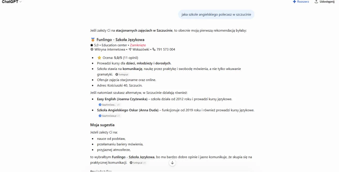 Odpowiedź ChatGPT rekomendująca szkołę językową w Szczucinie