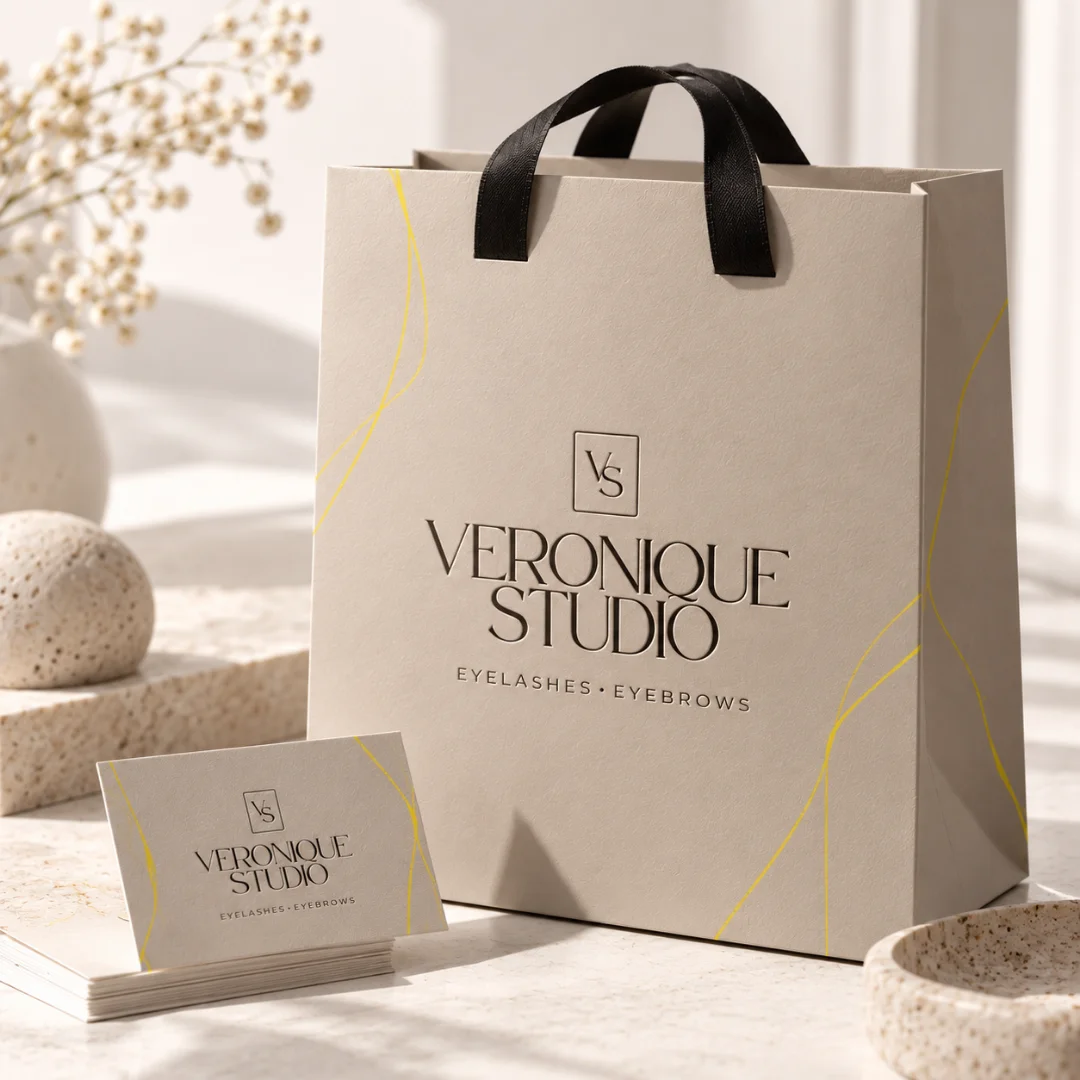 Branding Veronique Studio: piaskowa torba i wizytówki z logo VS i żółtymi liniami