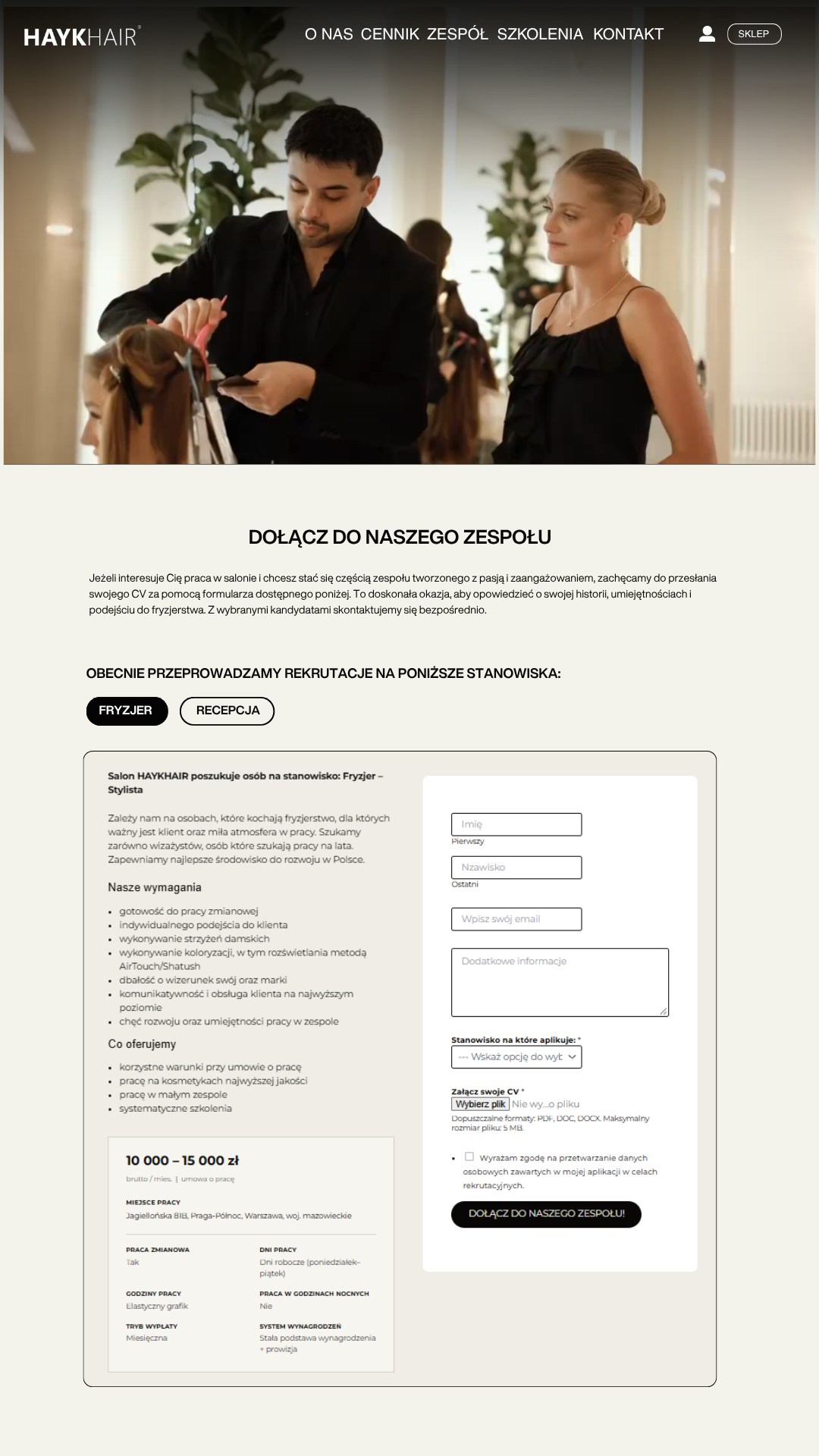 Formularz rekrutacyjny na stronie internetowej Hayk Hair