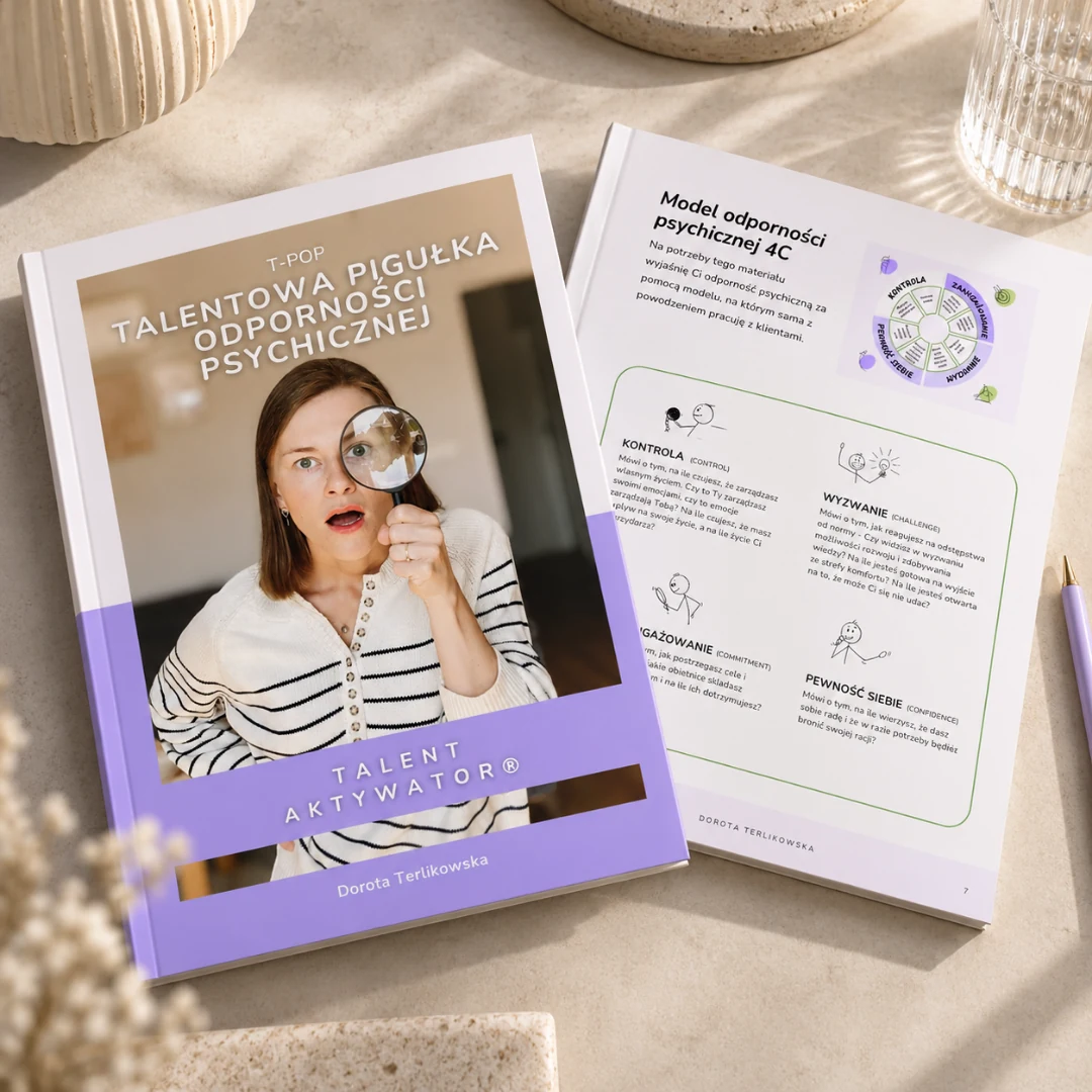 Edytowalny workbook Doroty Terlikowskiej: okładka Talentowa Pigłka Odporności Psychicznej i rozkładówka z modelem odporności psychicznej 4C