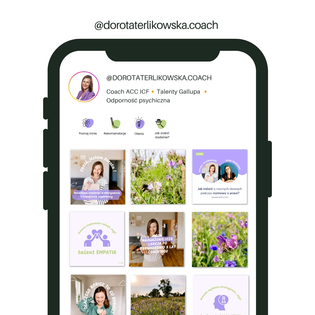 Szablony social media dla Doroty Terlikowskiej: spójny profil Instagram @dorotaterlikowska.coach z grafikami w fiołkowej identyfikacji wizualnej
