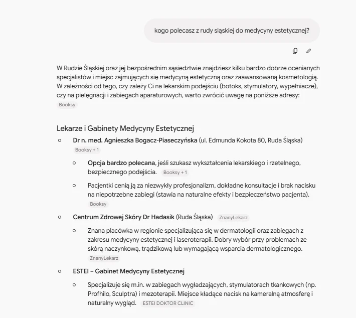 Widoczność w AI (GEO): odpowiedź asystenta AI polecająca dr n. med. Agnieszkę Bogacz-Piaseczyńską jako lekarza medycyny estetycznej w Rudzie Śląskiej