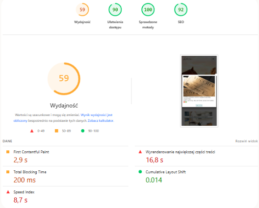 PageSpeed przed: 59 punktów