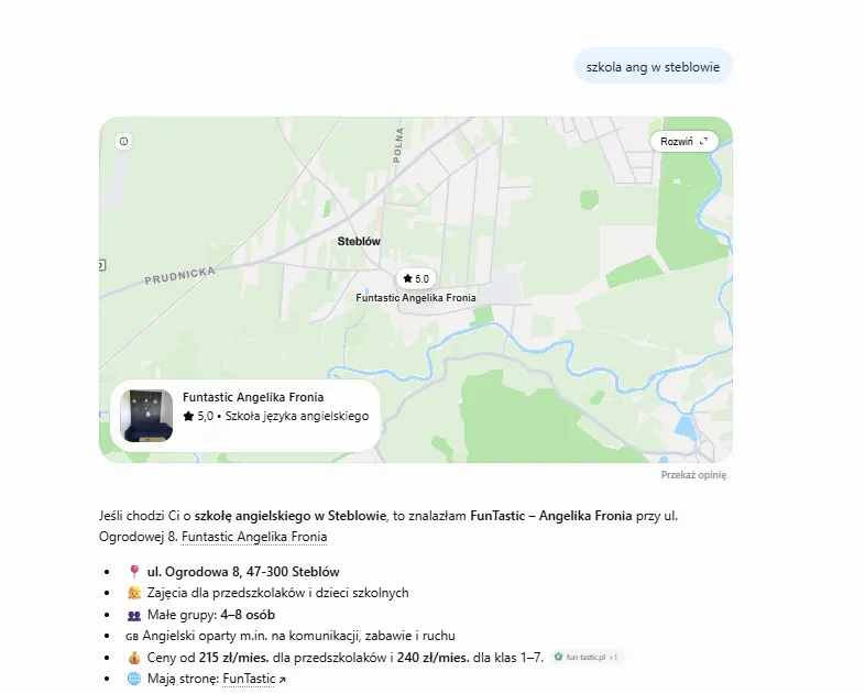Odpowiedź ChatGPT na pytanie o szkołę angielskiego w Steblowie