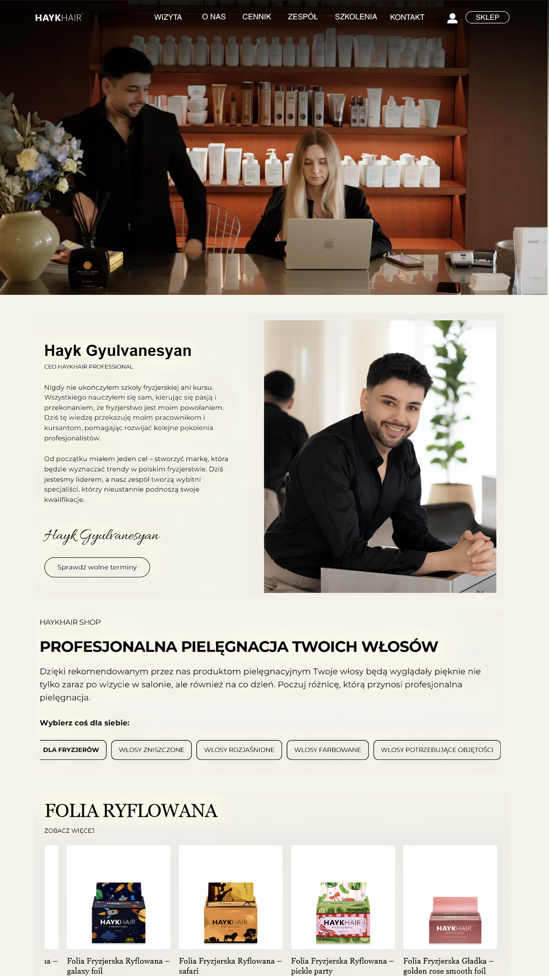 Nowa strona główna Hayk Hair po redesignie