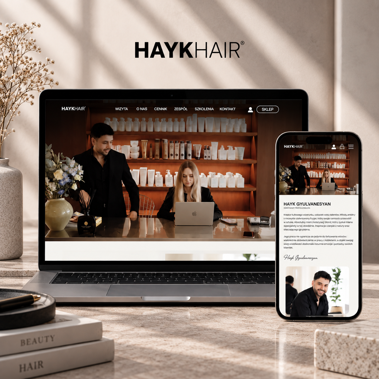 Strona internetowa Hayk Hair na desktopie i urządzeniu mobilnym