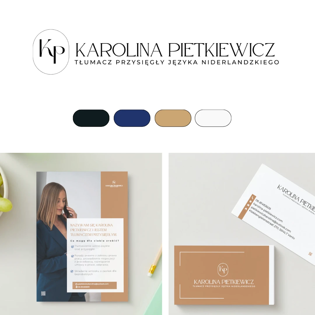 Branding tłumacza: logo, kolorystyka i identyfikacja wizualna Karoliny Pietkiewicz na ulotce i wizytówkach