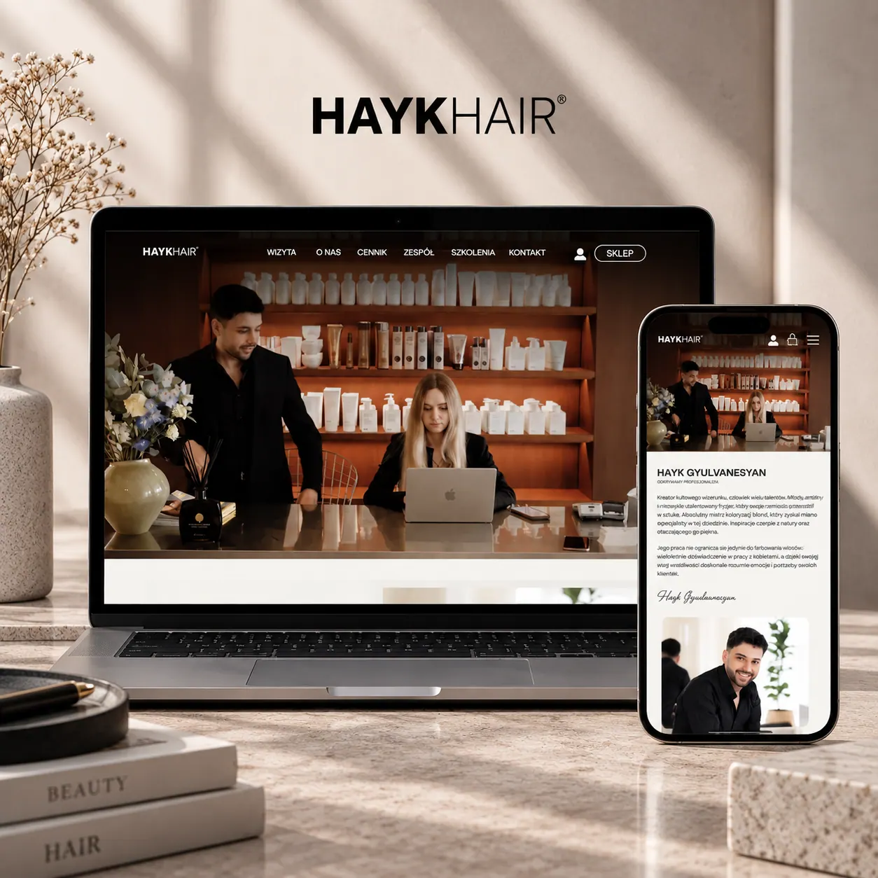 Strona internetowa Hayk Hair na desktopie i urządzeniu mobilnym