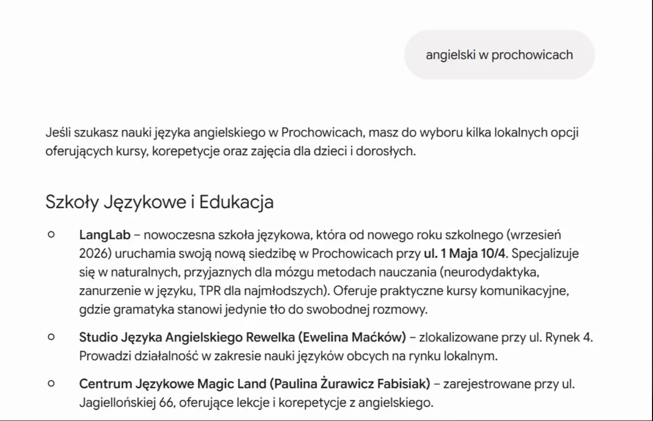 Odpowiedź ChatGPT na pytanie o naukę języka angielskiego w Prochowicach
