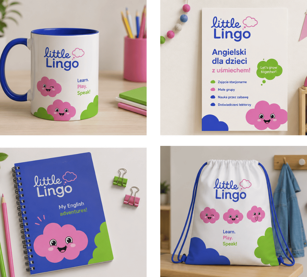 Little Lingo - identyfikacja wizualna: kubek, ulotka, notes i worek z logo