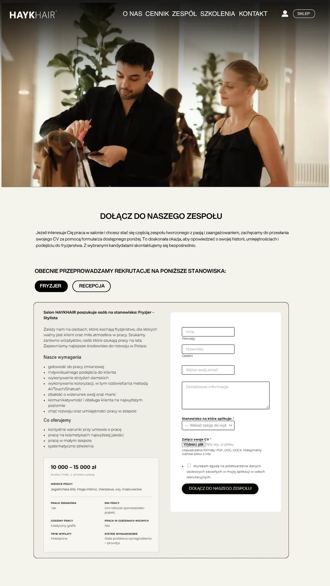 Formularz rekrutacyjny na stronie internetowej Hayk Hair