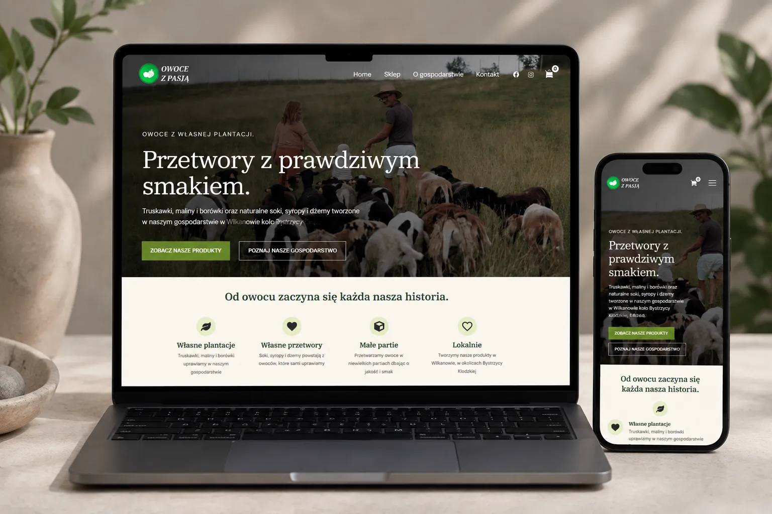 Owoce z Pasją - strona www na laptopie i telefonie