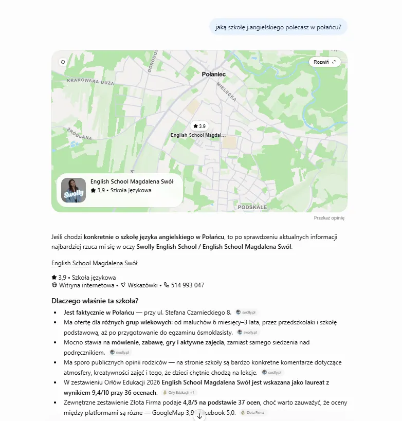 Odpowiedź ChatGPT rekomendująca szkołę języka angielskiego w Połańcu